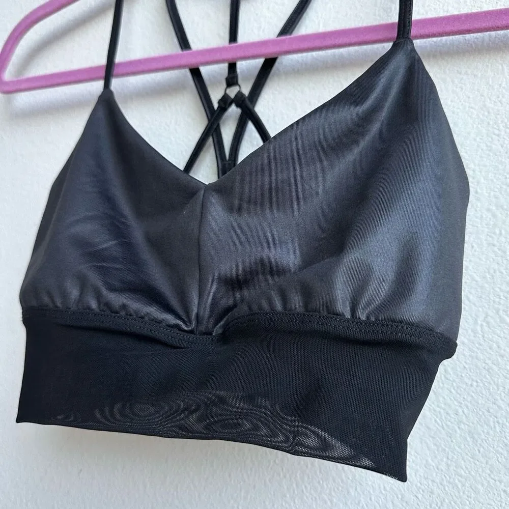 Alo Yoga Lavish Bra Bralette Strapped Mesh Band Glossy Black Lurex Shine Size XS